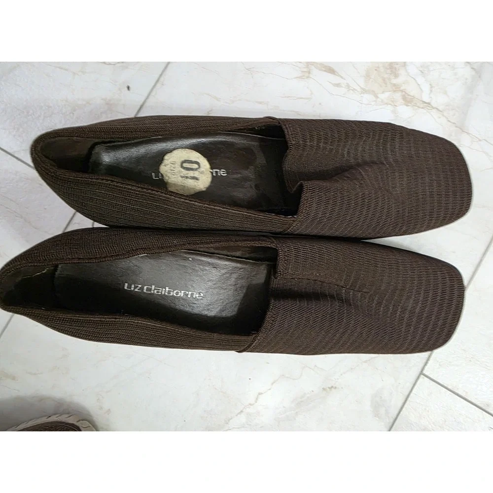 Liz Claiborne Brown Block Heels Womens 10 Ribbed Square Toe Slip On Fabric Pumps